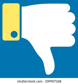 Thumb Down vector icon. Style is bicolor flat symbol, yellow and white colors, rounded angles, blue background.