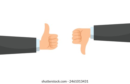 Thumb up and thumb down vector illustration hands on white background. Human hand showing loose and win hand sign. Best of luck hand icon.