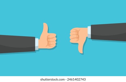 Thumb up and thumb down vector illustration hands. Like hand gesture symbol. Agree and disagree hand gesture. Human hand showing loose and win hand sign. Best of luck icon on blue background.