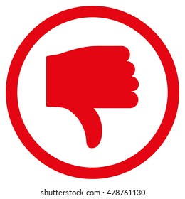 Thumb Down vector rounded icon. Image style is a flat icon symbol inside a circle, red color, white background.