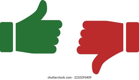 Thumb up and thumb down, vector. The thumbs up and thumbs down icons are green and red.