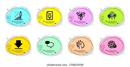Thumb down, Wind energy and Like signs. Timeline infographic. Chat message, Downloading and Time zone line icons set. Development plan, Artificial intelligence symbols. Vector