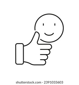 Thumb Up With Emoticon Line Icon. Best Customer Feedback Linear Pictogram. Happy Face, Like Outline Symbol. Positive Emoji Button. Editable Stroke. Isolated Vector Illustration.