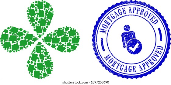 Thumb up explosion flower with four petals, and blue round MORTGAGE APPROVED dirty stamp seal with icon inside. Element flower created from oriented thumb up items.