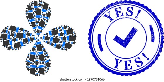 Sube una flor de explosión con cuatro pétalos, y la exclamación de goma azul redonda YES corroyó la huella de goma con un icono dentro. Giro de elemento combinado a partir de elementos ascendentes orientados. Collage de flores vectoriales en plano