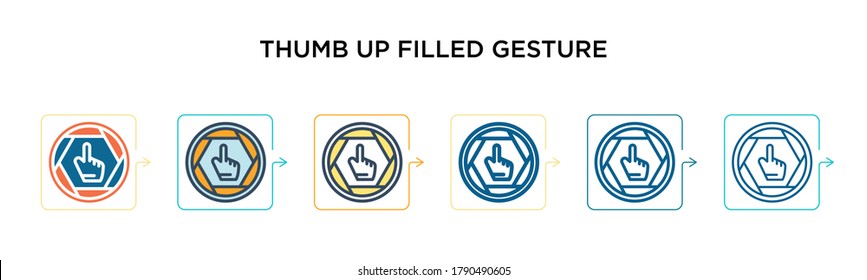Thumb up filled gesture vector icon in 6 different modern styles. Black, two colored thumb up filled gesture icons designed in filled, outline, line and stroke style. Vector illustration can be used 