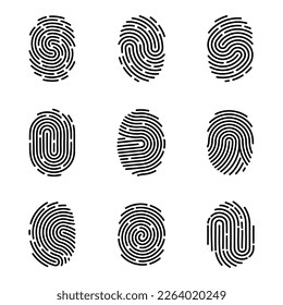 Thumb finger prints. Access icons. Forefinger imprint. ID logo. Identity detection. Fingerprint and thumbprint. Biometric identification. Line touch pattern. Vector isolated symbols set