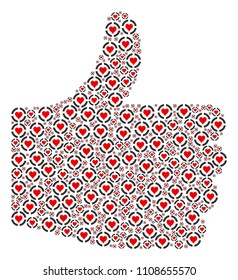 Thumb finger up shape composed from casino hearts components in variable sizes. Abstract vector thumb up representaion. Casino hearts icons are combined into done shape.
