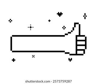 Thumb finger up sign in pixel art. Ok symbol icon. Long pixel arm. Y2k retro like sticker. Simple geometric object. 8 bit like hand gesture icon. Game abstract element. White background. Mood of 90s