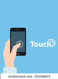 Thumb finger touching smartphone screen flat design illustration with touch sign logo  with blue background