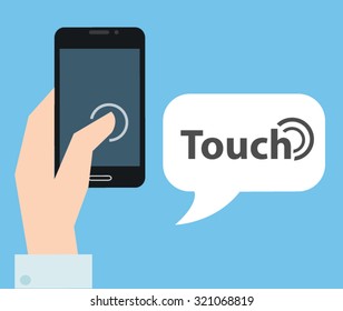 Thumb finger touching smartphone screen flat design illustration with touch sign logo in message bubble with blue background