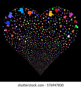 Thumb Up fireworks with heart shape. Vector illustration style is flat bright multicolored iconic symbols on a black background. Object love heart done from confetti pictographs.
