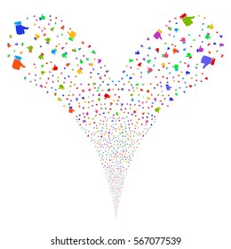 Thumb Up fireworks stream. Vector illustration style is flat bright multicolored iconic symbols on a white background. Object double fountain organized from random pictograms.