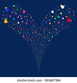 Thumb Up fireworks stream. Vector illustration style is flat bright multicolored iconic symbols on a blue background. Object double fountain made from random symbols.