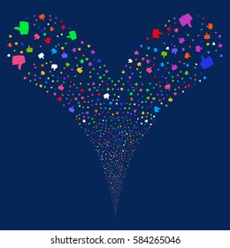 Thumb Up fireworks stream. Vector illustration style is flat bright multicolored iconic symbols on a blue background. Object double fountain done from random icons.