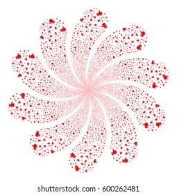 Thumb Up fireworks swirl flower with ten petals. Vector illustration style is flat red scattered symbols. Object whirl created from random pictographs.