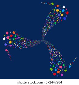 Thumb Up fireworks swirl rotation. Vector illustration style is flat bright multicolored iconic symbols on a blue background. Object whirl organized from random pictograms.