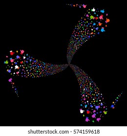 Thumb Up fireworks swirl rotation. Vector illustration style is flat bright multicolored iconic symbols on a black background. Object whirl organized from random pictograms.