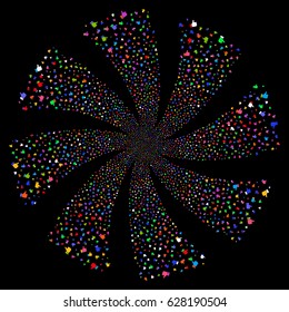 Thumb Up fireworks swirl rotation. Vector illustration style is flat bright multicolored iconic symbols on a black background. Object flower created from random symbols.