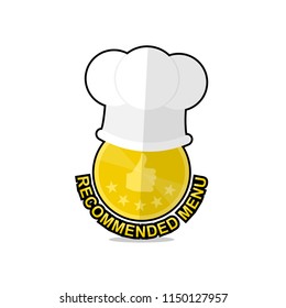 Thumb up and five star gold medal with chef hat and lettering 'Recommended Menu' flat vector design.