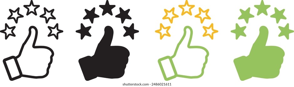 Thumb up with five star satisfaction rating. Set of customer experience flat vector icons for apps and websites