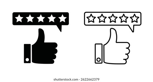 Thumb up with five stars line icons set, representing a high rating or positive feedback.  Perfect for review. 