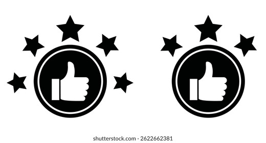 Thumb up with five stars line icons set, representing a high rating or positive feedback.  Perfect for review. 