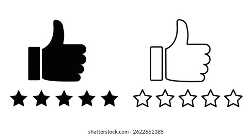 Thumb up with five stars line icons set, representing a high rating or positive feedback.  Perfect for review. 
