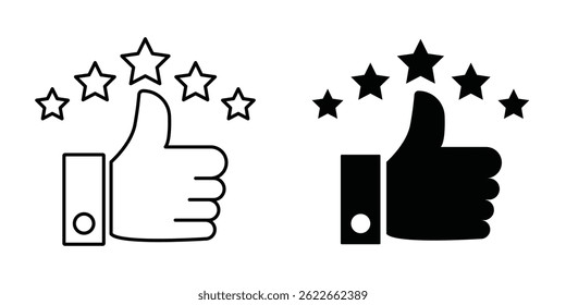 Thumb up with five stars line icons set, representing a high rating or positive feedback.  Perfect for review. 
