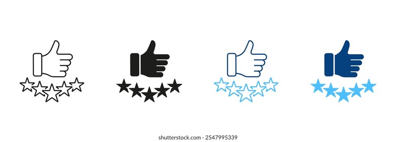 Thumb Up With Five Stars Line and Silhouette Icon Set. Customer Satisfaction Pictogram. Best Quality Symbol. Review Sign. Positive Feedback. Editable Stroke. Isolated Vector Illustration.