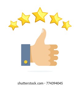 Thumb up and five stars rating. Vector illustration flat