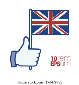 Thumb up with flag of United Kingdom. Isolated on white background. Vector illustration.