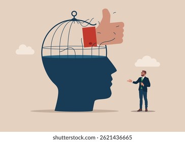 Thumb up free himself breaking out the cage on Big head human. Solving problem, identify risk or critical failure concept. Let the like go free. Flat vector illustration.