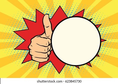 Thumb up gesture and a comic bubble. Pop art retro vector illustration