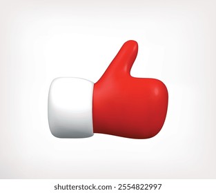 Thumb up gesture hand in Christmas mitten 3D vector icon. Winter warm red mitten Santa Claus glove accessory. Cartoon design element for New Year holidays like emoticon, positive reaction. like icon