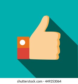 Thumb up gesture icon in flat style on a turquoise background