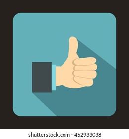 Thumb up gesture icon in flat style on a baby blue background