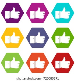 Thumb up gesture icon set many color hexahedron isolated on white vector illustration