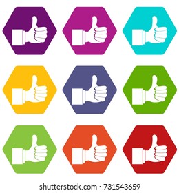 Thumb up gesture icon set many color hexahedron isolated on white vector illustration