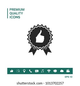 Thumb Up Gesture - label with ribbons. Thumb up icon - the highest score, the best choice, the highest rating