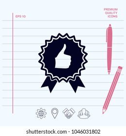 Thumb Up Gesture - label with ribbons. Thumb up icon - the highest score, the best choice, the highest rating