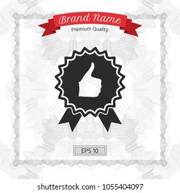 Thumb Up Gesture - label with ribbons. Thumb up icon - the highest score, the best choice, the highest rating
