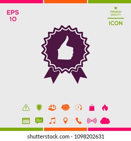 Thumb Up Gesture - label with ribbons. Thumb up icon - the highest score, the best choice, the highest rating