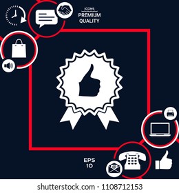 Thumb Up Gesture - label with ribbons. Thumb up icon - the highest score, the best choice, the highest rating