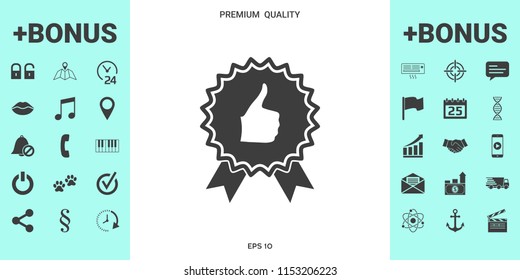 Thumb Up Gesture - label with ribbons. Thumb up icon - the highest score, the best choice, the highest rating