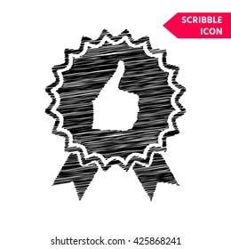 Thumb Up Gesture - label with ribbons. Thumb up icon - the highest score, the best choice, the highest rating. Scribble icon for you design.