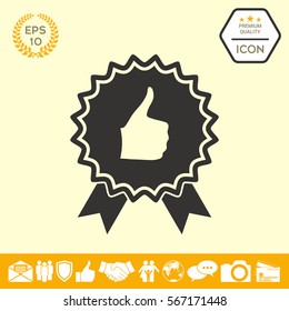 Thumb Up Gesture - label with ribbons. Thumb up icon - the highest score, the best choice, the highest rating