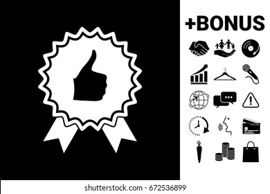 Thumb Up Gesture - label with ribbons. Thumb up icon - the highest score, the best choice, the highest rating