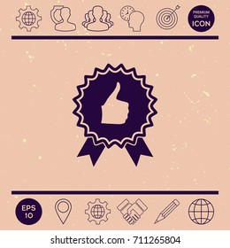 Thumb Up Gesture - label with ribbons. Thumb up icon - the highest score, the best choice, the highest rating