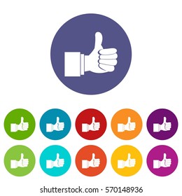 Thumb up gesture set icons in different colors isolated on white background